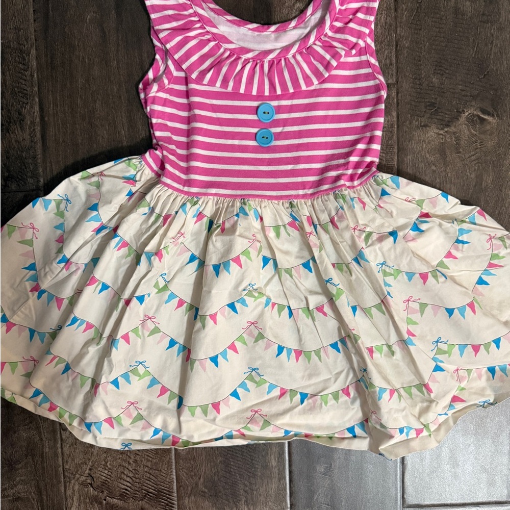 Eleanor Rose Pink and White Sleeveless Stripes and Bunting Print dress